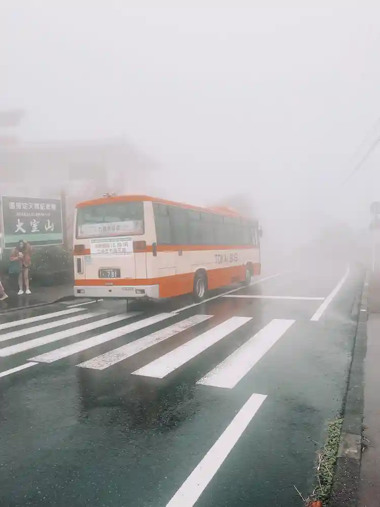 A red and white bus on a misty road