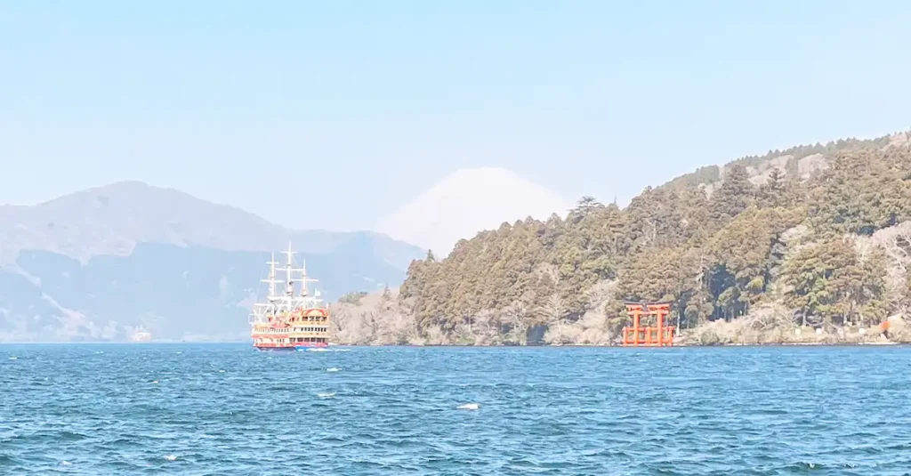 A red torii gate sitting next to Lake Ashi with Mount Fuji in the background.