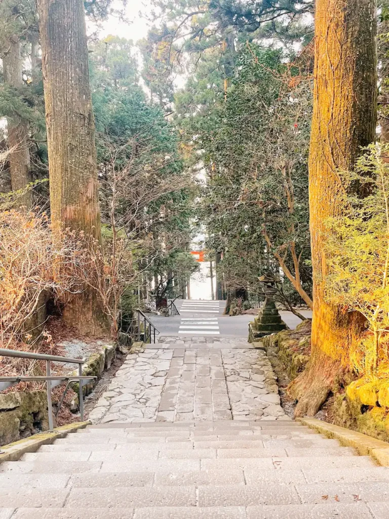 Stone steps leading down to a lake with a red torii gate.
