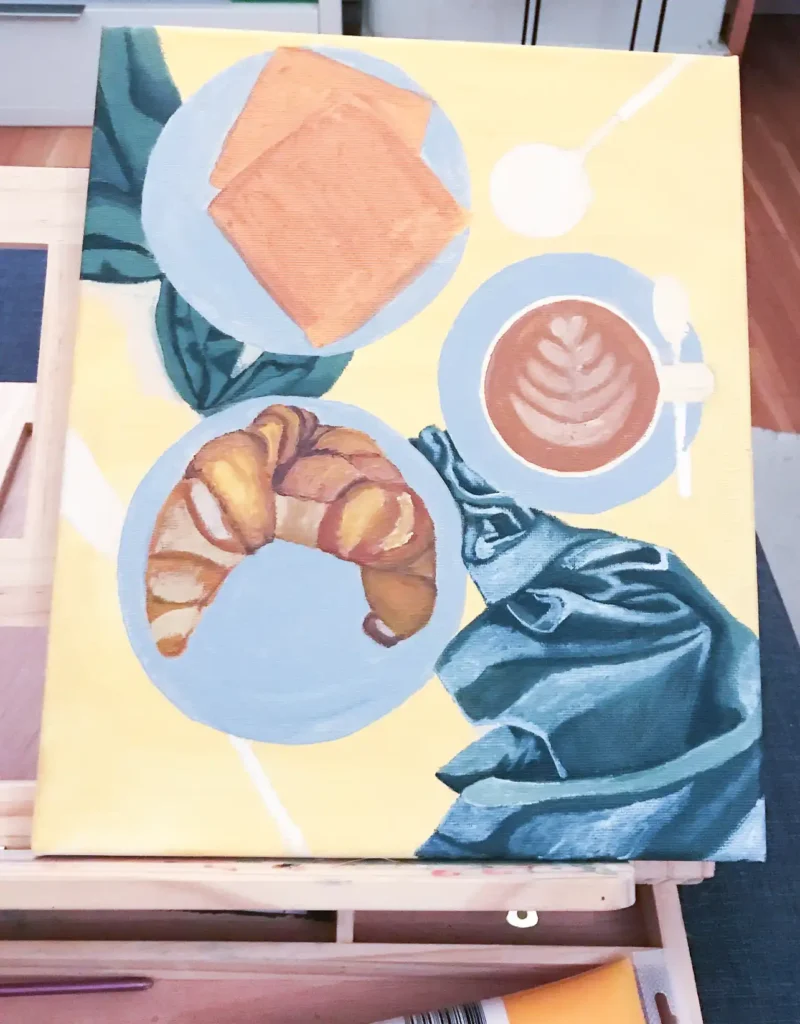 Midway through painting with brunch elements becoming more defined