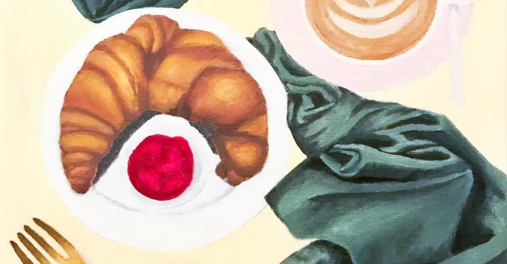 Close-up of painting of croissant showing brush strokes and texture